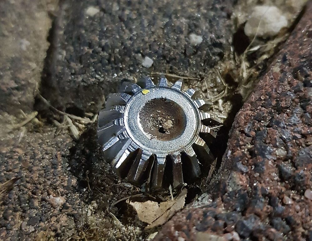 A metal survey spike with a toothed washer set in a paved surface