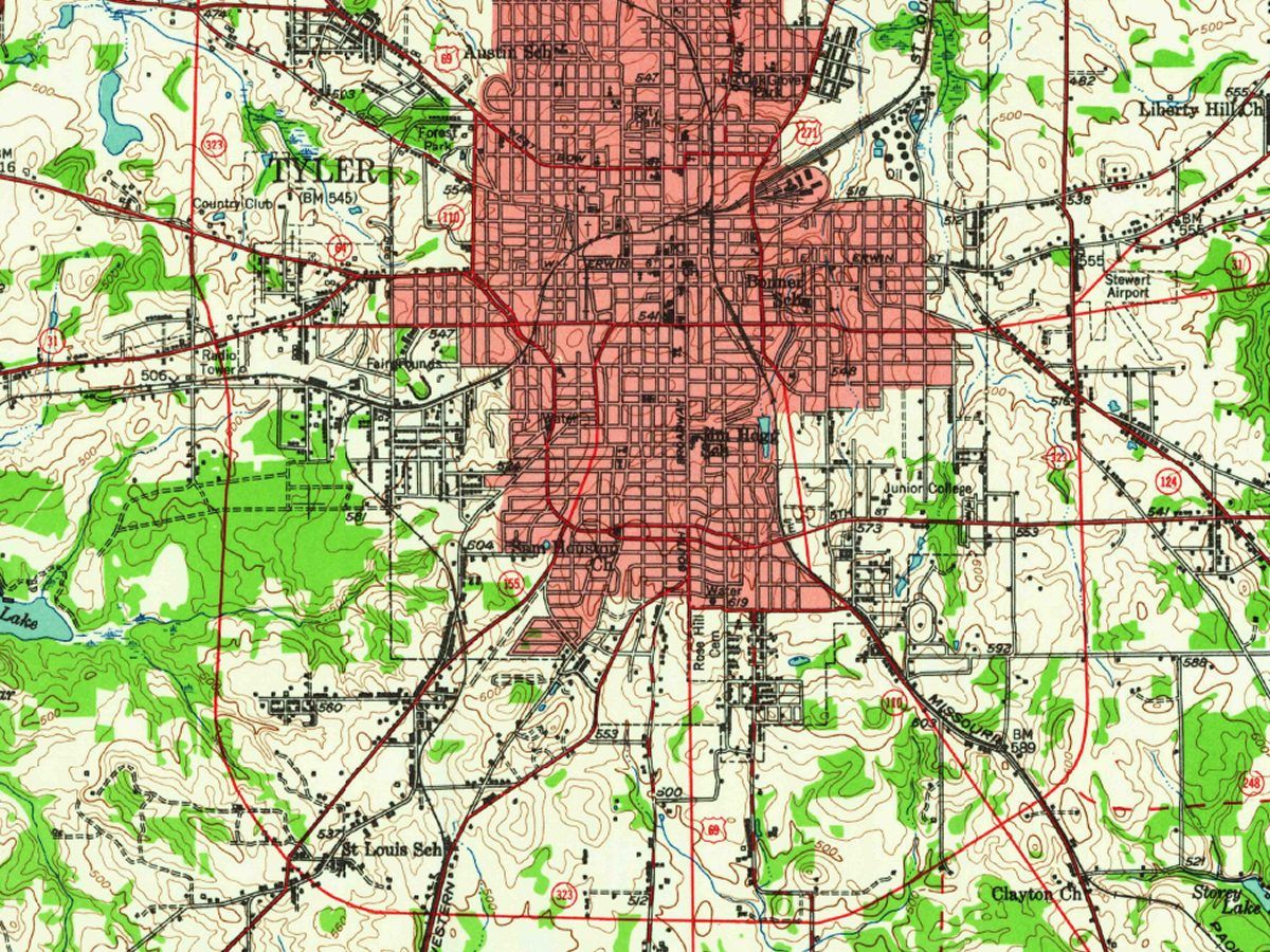 1948 USGS mapa topográfico de Tyler, Texas, con la ciudad construida de color rojo sombreado