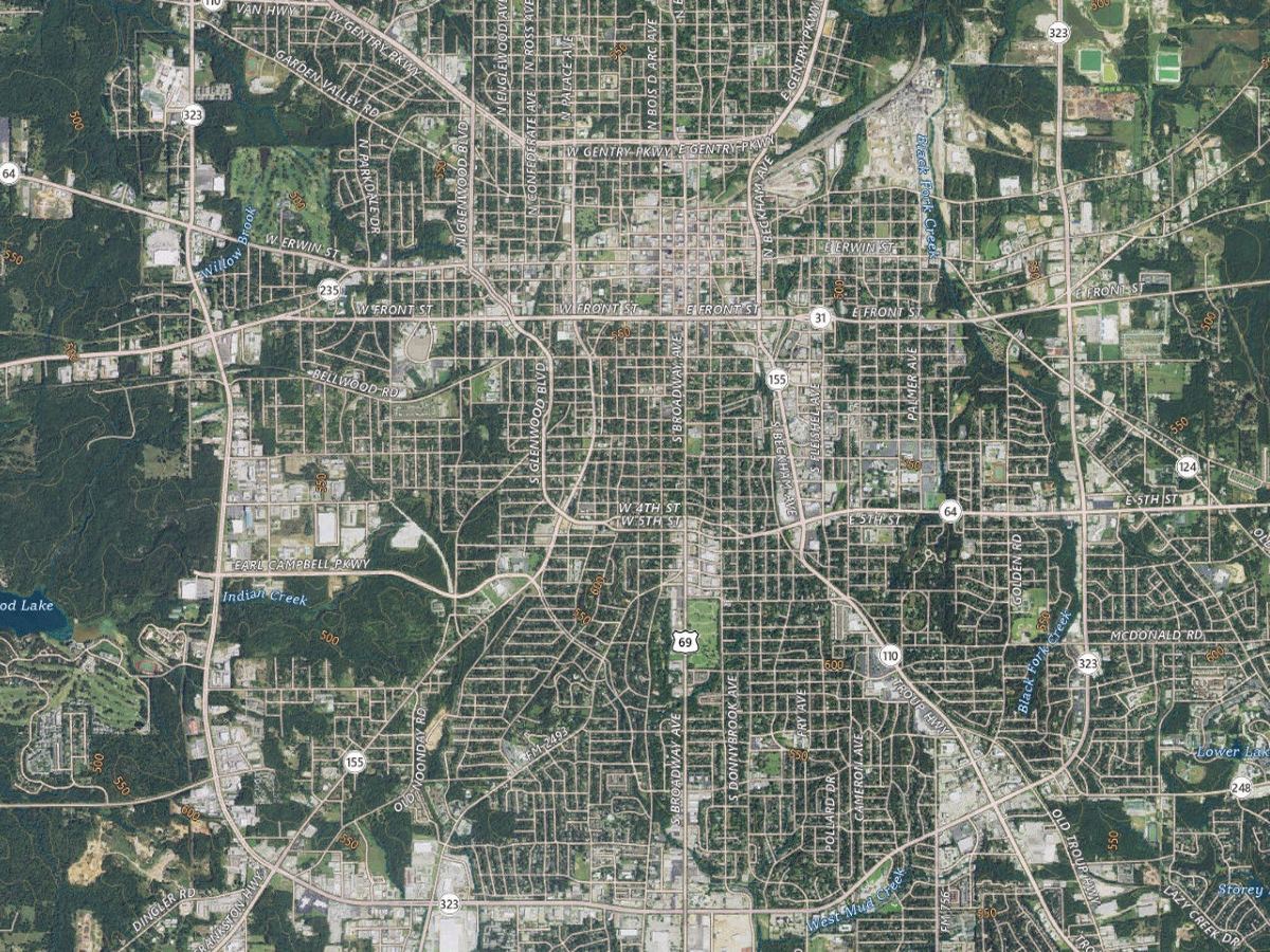Imagen aérea actual de Tyler, Texas, desde el mapa nacional USGS